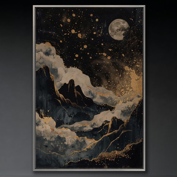 Golden Moon Over Mountains Wall Art Abstract Celestial Painting Print Lunar Night Sky Wall Decor Modern Artwork Poster Ready To Hang