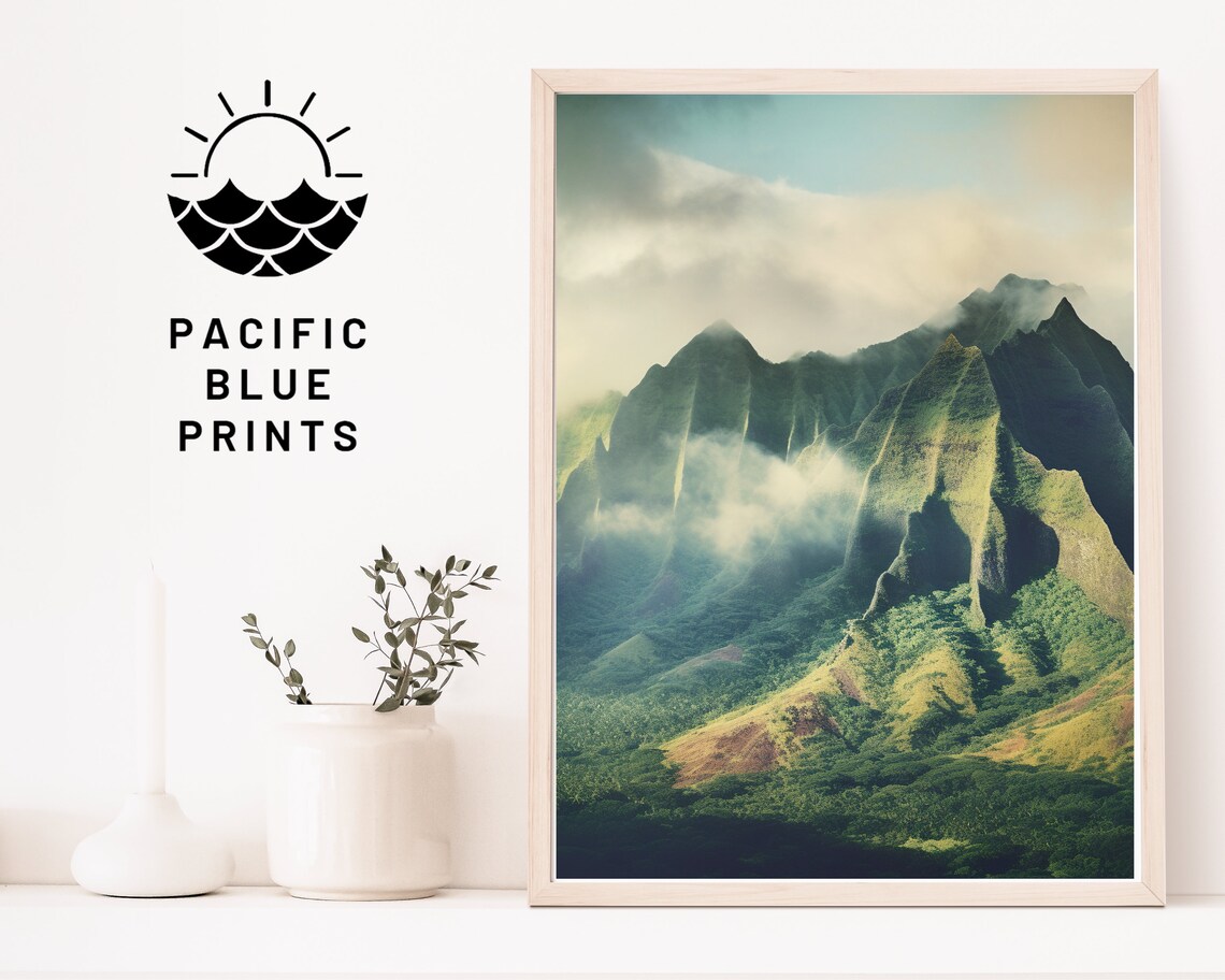 Hawaii Green Mountain Peaks Misty Cloud Fine Art Photography Poster - Image 4