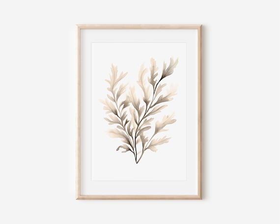 Beige Seaweed Sea Fern Watercolor Minimalist Neutral Coastal Wall Art Print Poster