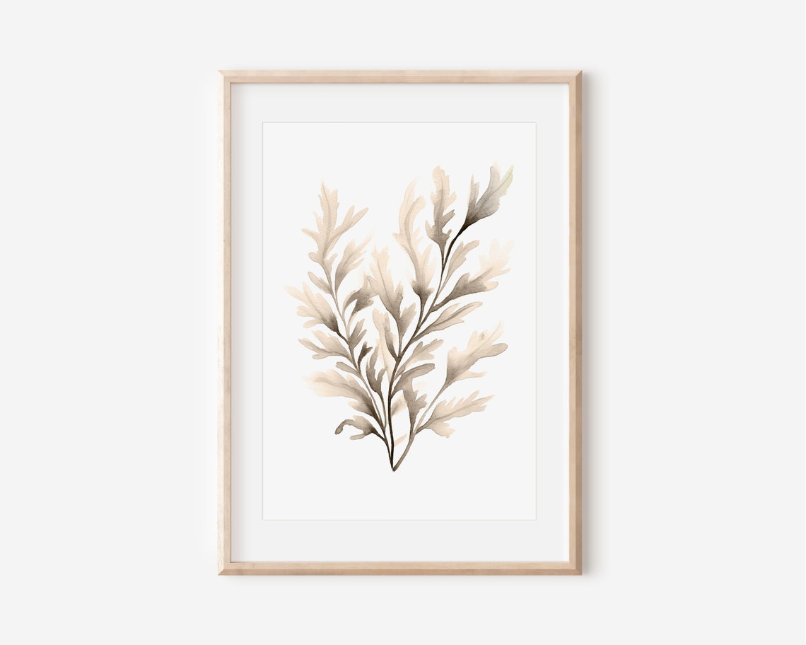 Watercolor Sea Moss Print Beige Algea Art Minimalist Wall Decor Nautical Art Ocean Painting Sea Fern Beach House Art Ecru Seaweed Art