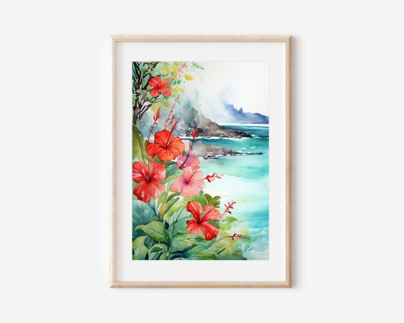 Hawaiian Hibiscus Watercolor Island Floral Painting Tropical Flower Art Exotic Botanical Wall Decor Nature Inspired Print