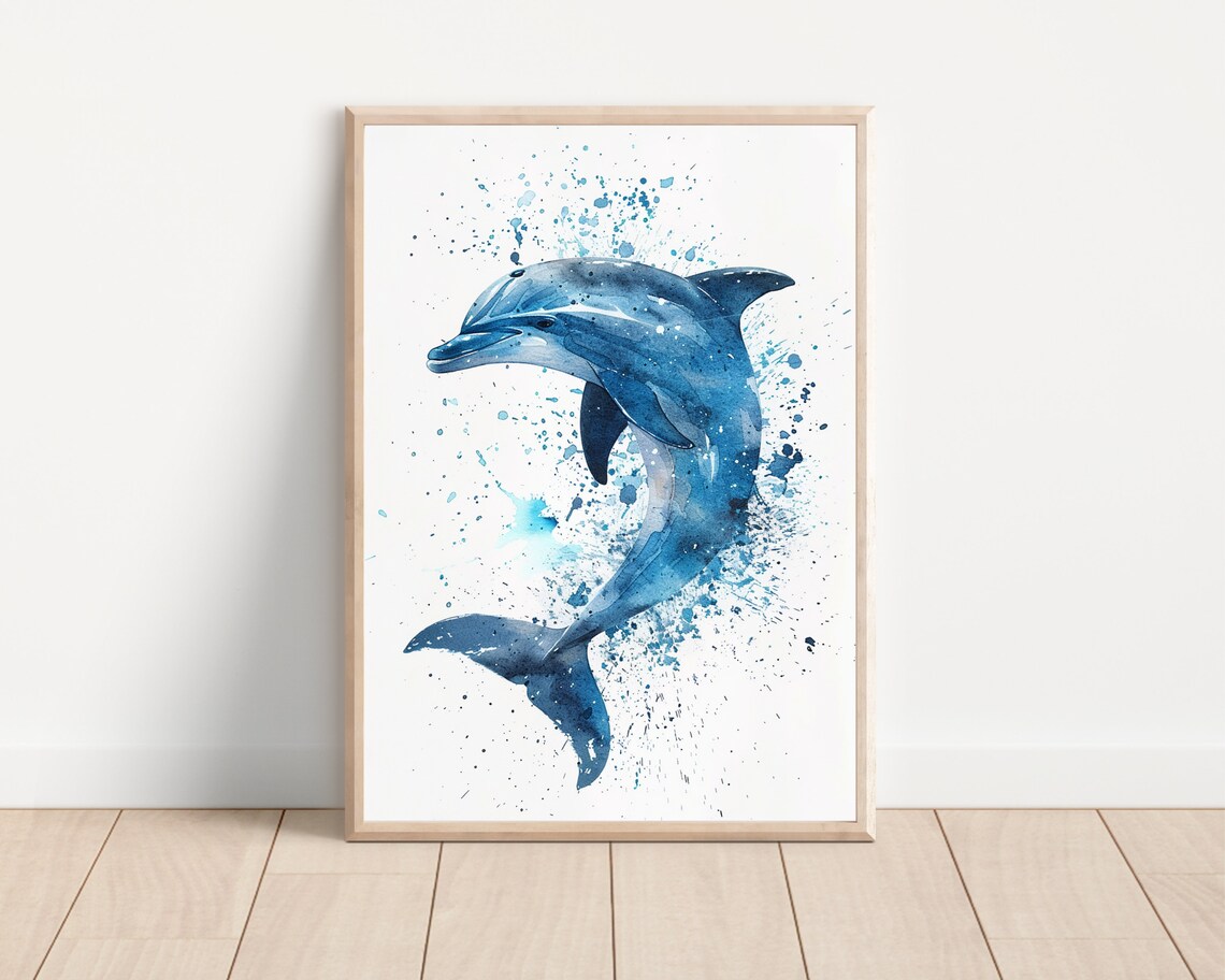 Blue Dolphin Watercolor Splash Art Ocean Sea Animal Wall Poster Print - Image 2