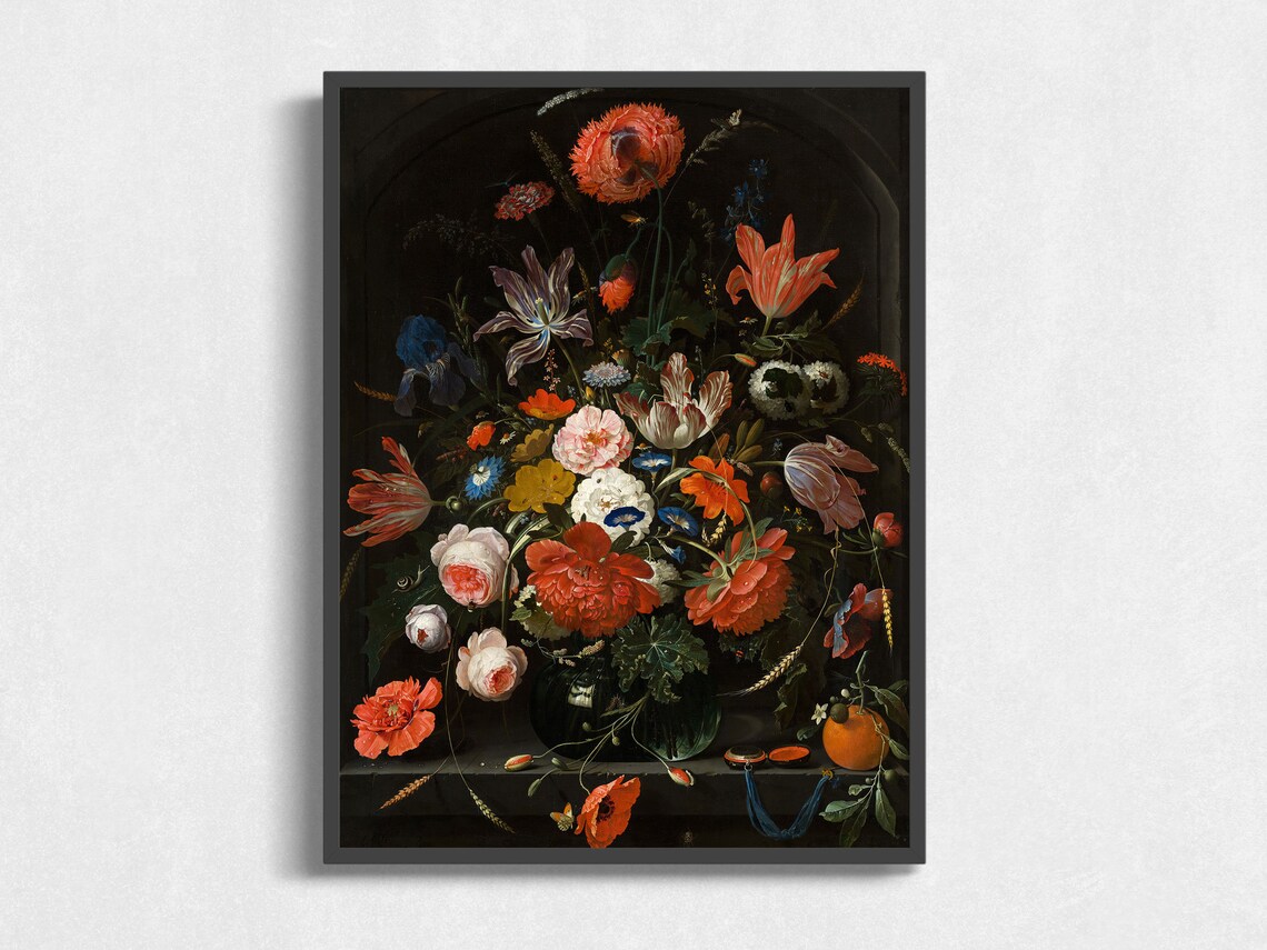 Red Poppies Tulips Dark Niche Floral Bouquet Still Life Art Poster