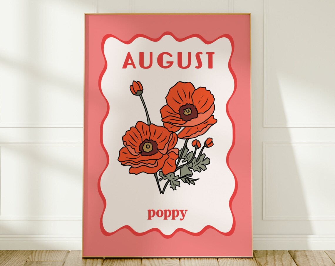 August Poppy Birth Flower Red Floral Retro Botanical Wall Poster