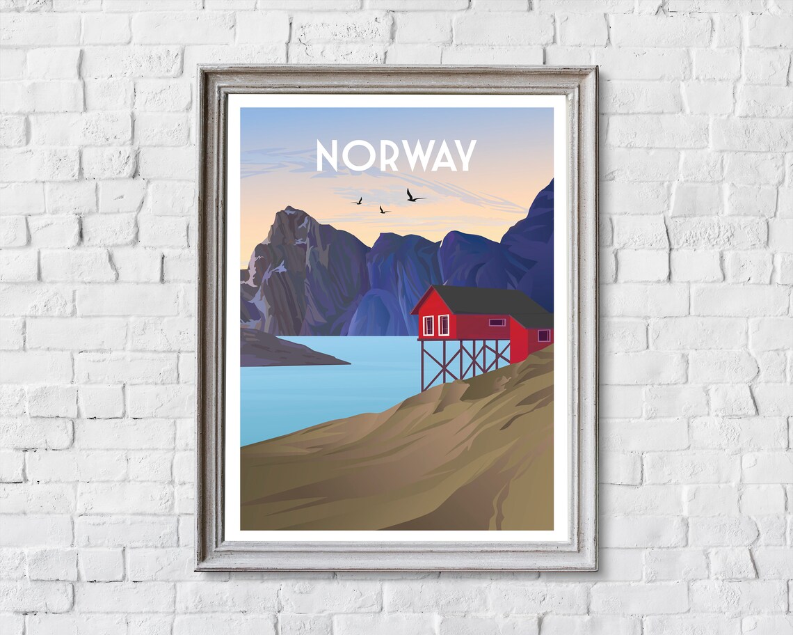 Norway Fjord Classic Red Stilt Cabin Purple Peaks Travel Poster - Image 2