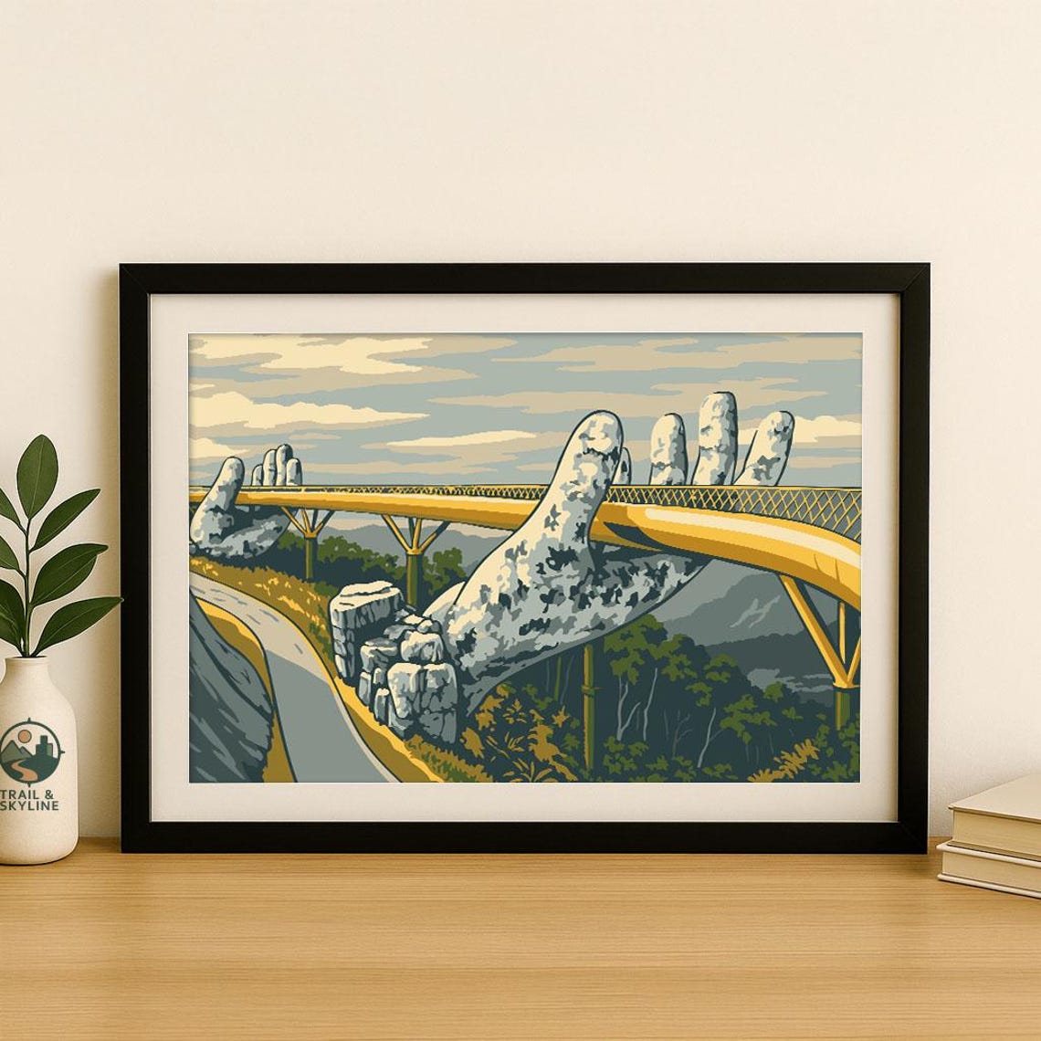 Golden Bridge Vietnam Ba Na Hills Stone Hands Vintage Travel Poster