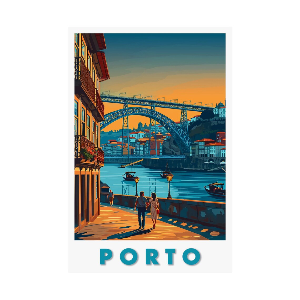 Porto Portugal Dom Luis Bridge Sunset Riverside Couple Travel Poster