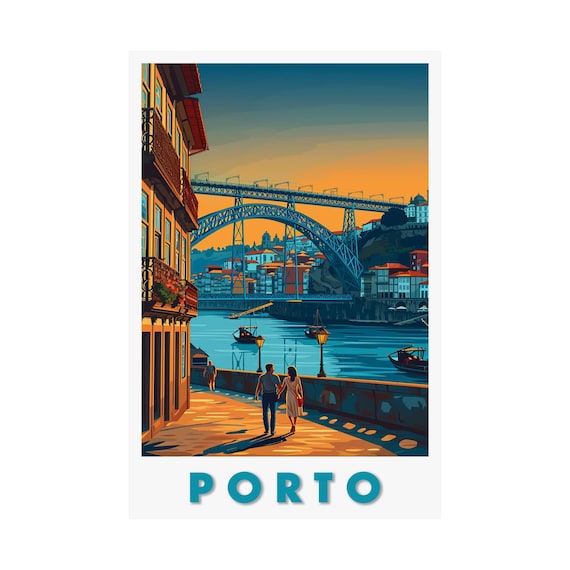 Porto Portugal Dom Luis Bridge Sunset Riverside Couple Travel Poster