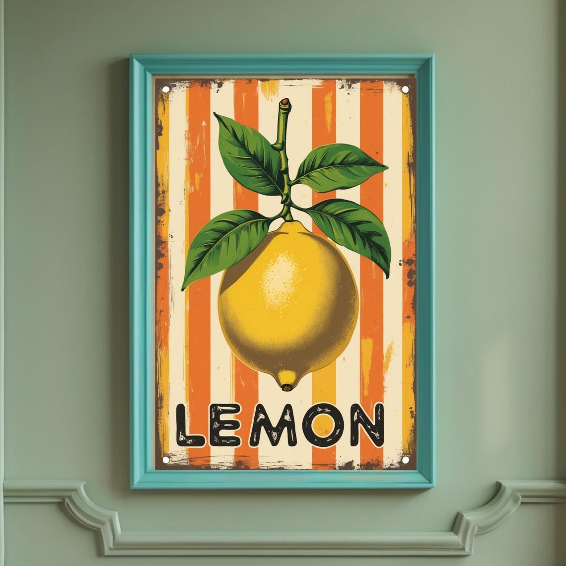 Lemon Retro Citrus Sign Orange Stripes Vintage Kitchen Wall Poster