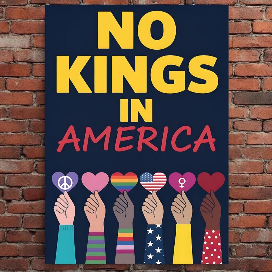 No Kings in America Political Protest Poster Raised Fists Hearts Unity