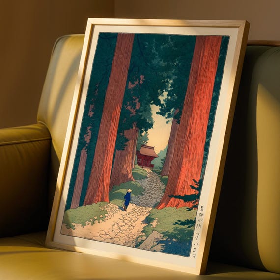Japanese Cedar Forest Print Hasui Kawase Inspired Wall Art Nature Ukiyoe Style Woodblock Illustration