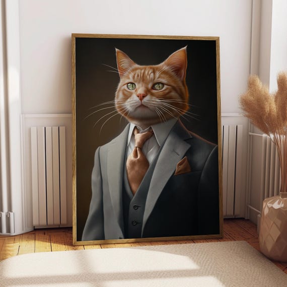 Manx Cat Suit Portrait Poster Funny Art Custom Pet Wall Gift For Owner Ginger
