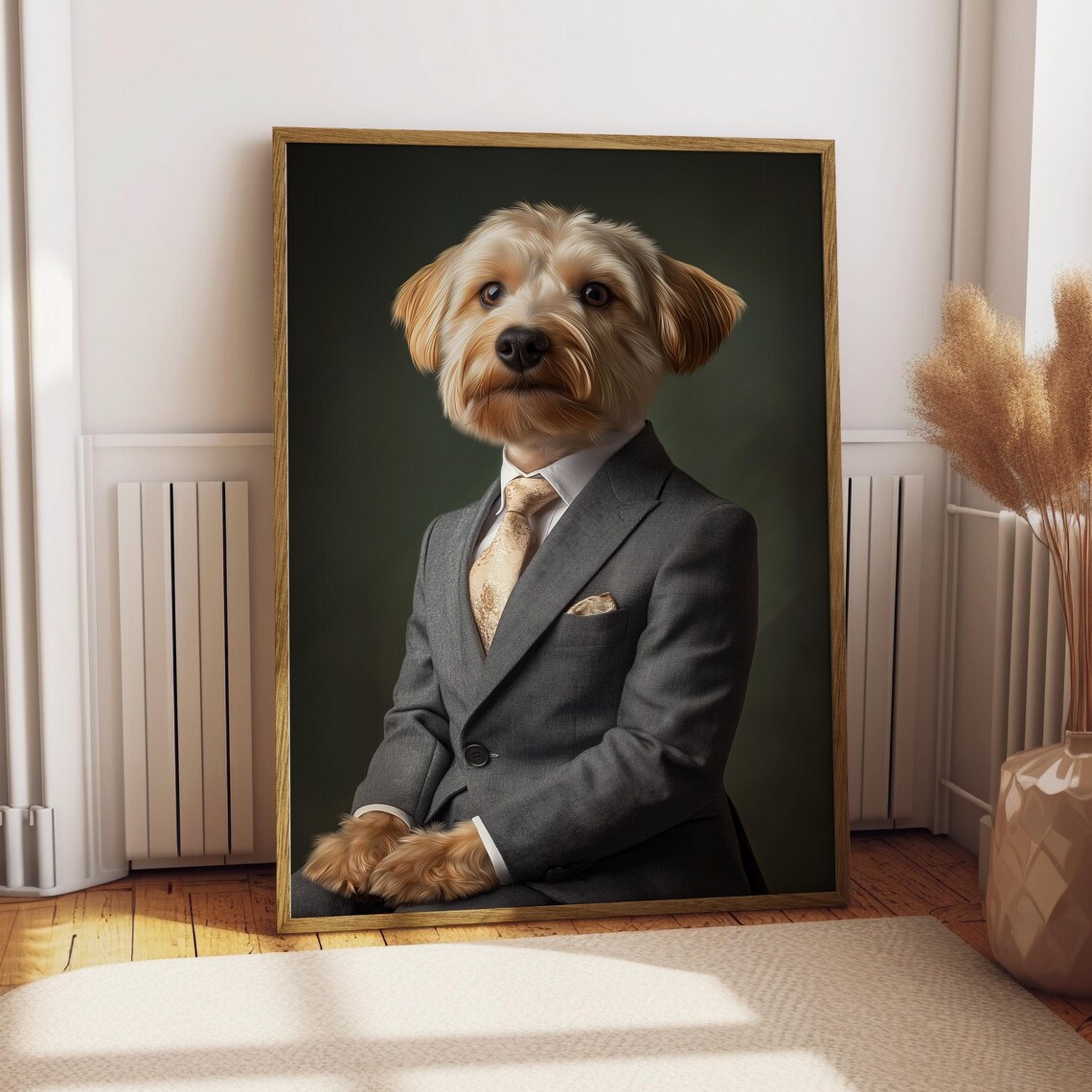 Scruffy Little Terrier in Gray Suit Funny Dog Portrait Poster