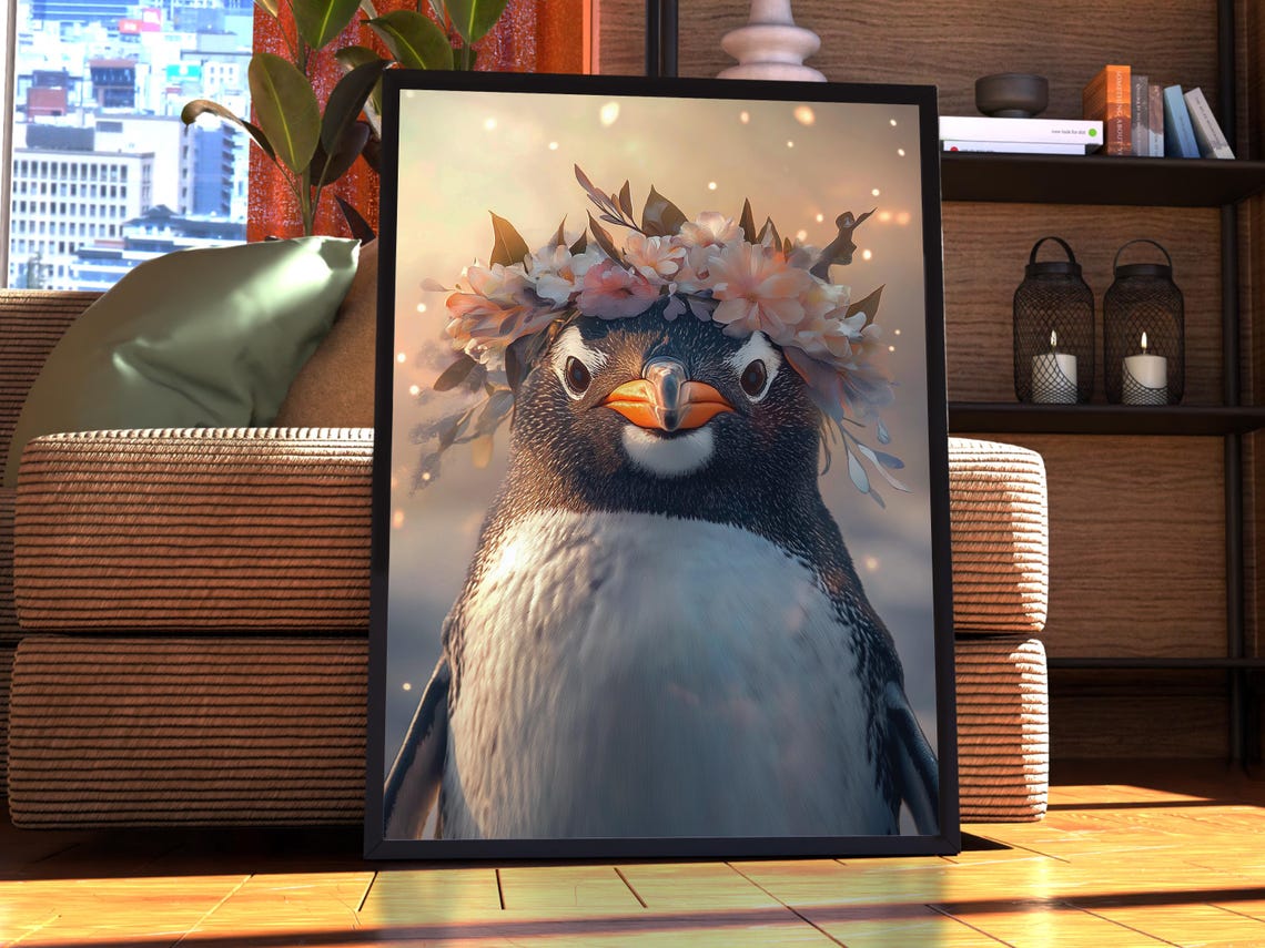 Cute Penguin Wearing Blush Flower Crown Glowing Portrait Poster