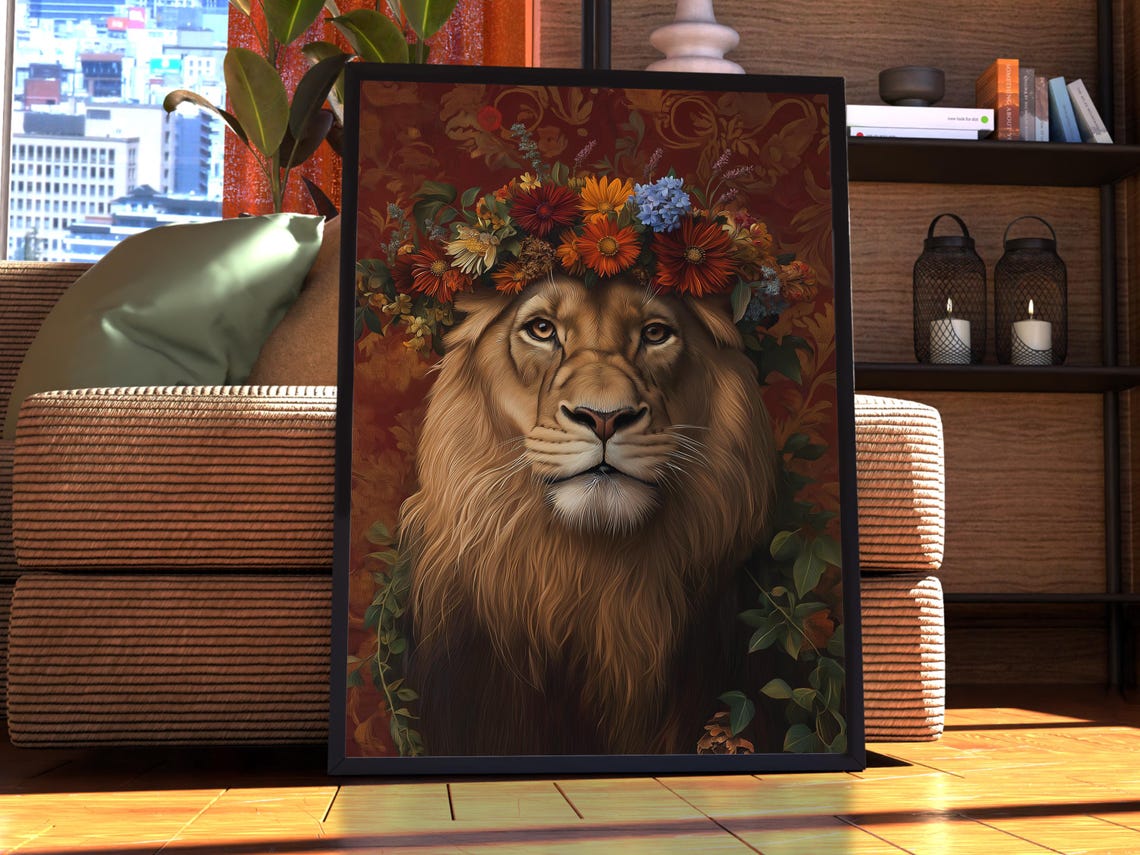 Lion Flower Crown Maximalist Floral Damask Portrait Art Poster