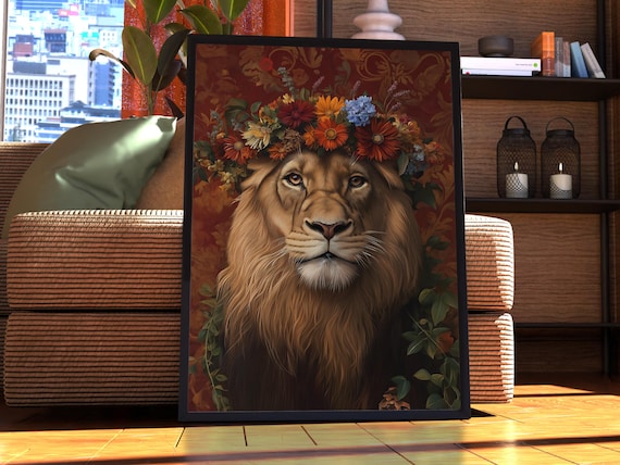 Maximalist Lion Poster Floral Animal Print Wall Art Portrait Vintage Funky Colourful