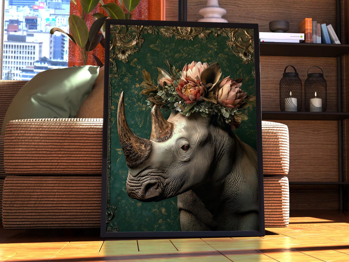Rhino Flower Crown Baroque Emerald Background Wildlife Art Poster