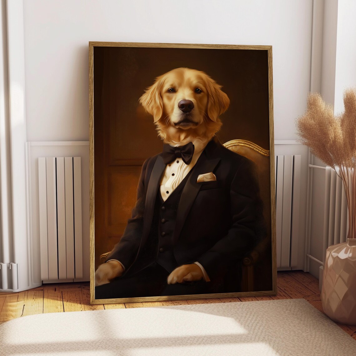 Golden Retriever Gentleman Tuxedo Chair Portrait Funny Dog Wall Art
