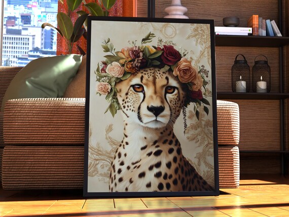 Maximalist Cheetah Poster Floral Animal Print Wall Art Portrait Vintage Funky Colourful