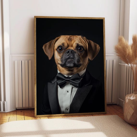 Pug In Suit Portrait Dog Poster Pet Custom Art Funny Gift For Lover Puggle