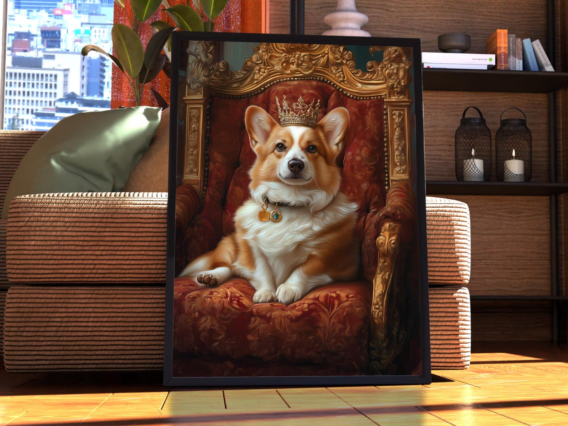 Crowned Corgi Dog with a Gold Collar on a Royal Throne Wall Art