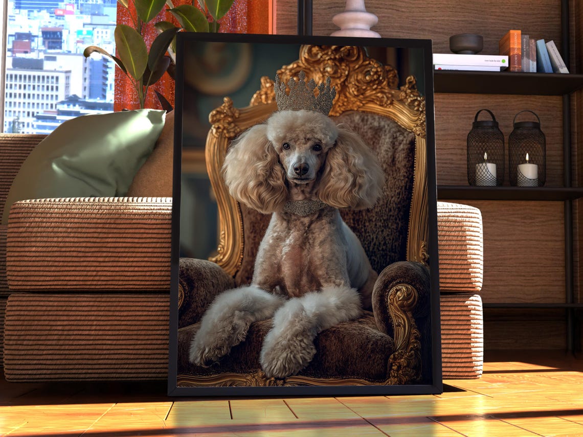 Poodle Royal Portrait Crowned King Majestic Dog Throne Poster