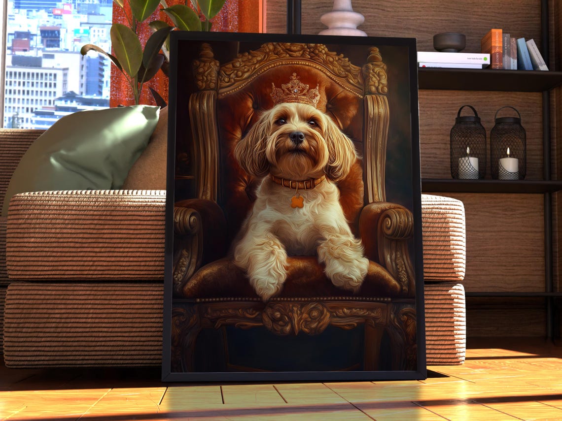Fluffy Spaniel Dog Royal Crown Throne Portrait Poster Pet Decor
