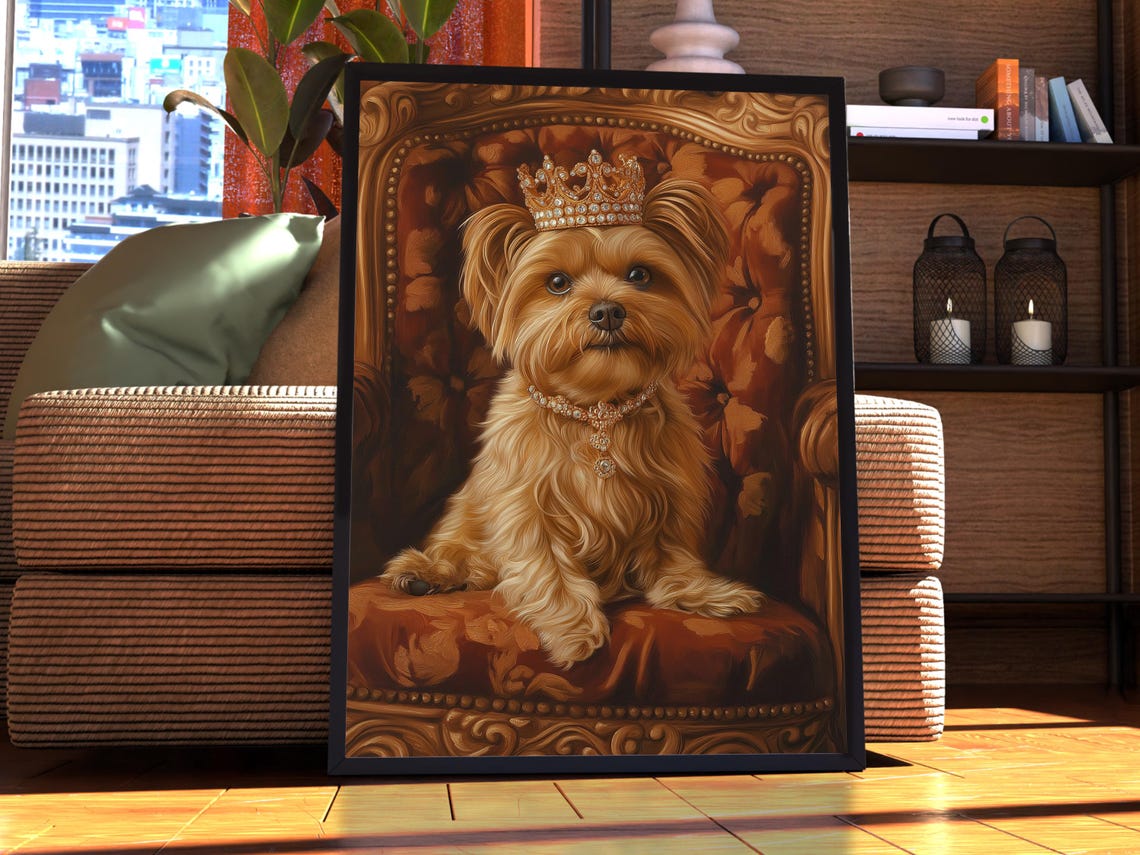 Royal Small Dog with Crown on Throne Funny Pet Portrait Poster