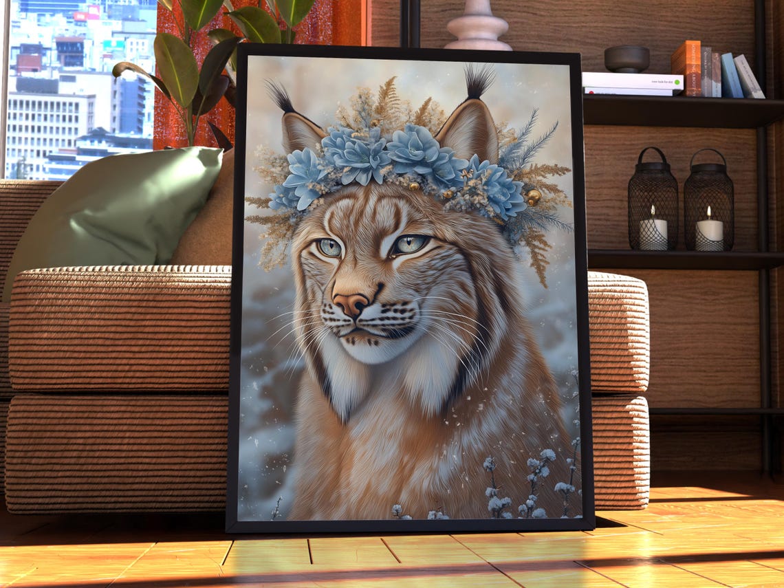 Beautiful Lynx Wearing a Blue Floral Crown Winter Portrait Poster