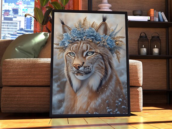Maximalist Lynx Poster Floral Animal Print Wall Art Portrait Vintage Funky Colourful