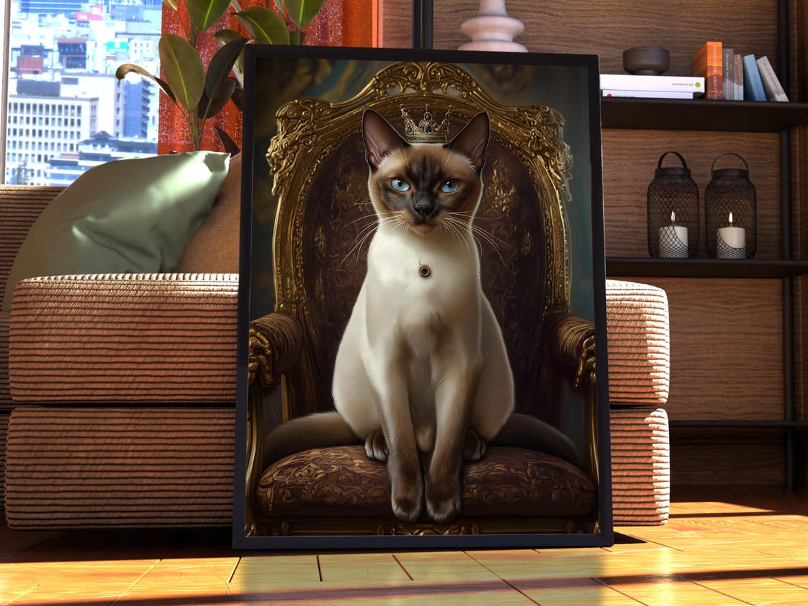 Siamese Cat Queen Wearing a Golden Crown on an Ornate Throne Wall Art