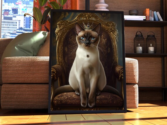 Siamese Cat Queen Wearing a Golden Crown on an Ornate Throne Wall Art