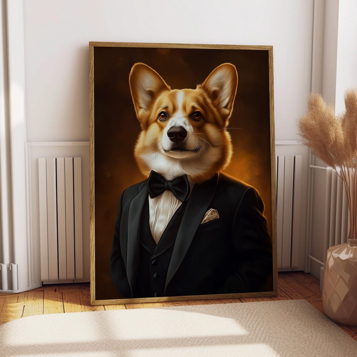 Dapper Smiling Corgi in Black Tuxedo Funny Dog Portrait Poster