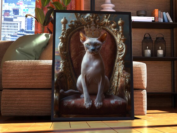 Donskoy Hairless Cat Royal Portrait Poster Crowned Cat King Throne Art