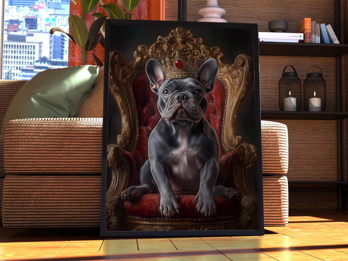 Black French Bulldog Wearing a Crown on a Throne Portrait Wall Art