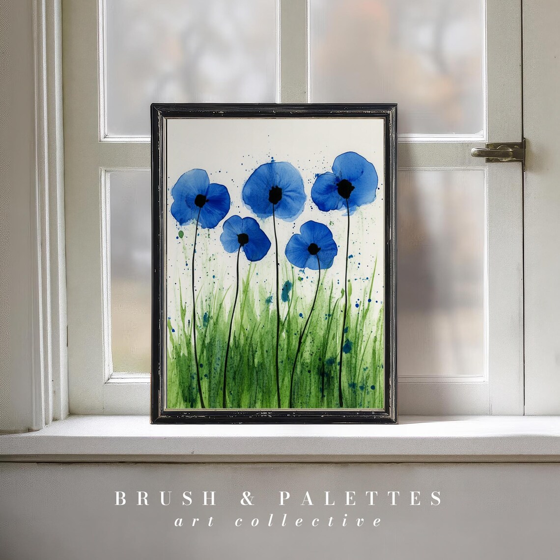 Blue Poppies Watercolor Meadow Green Grass Floral Art Poster