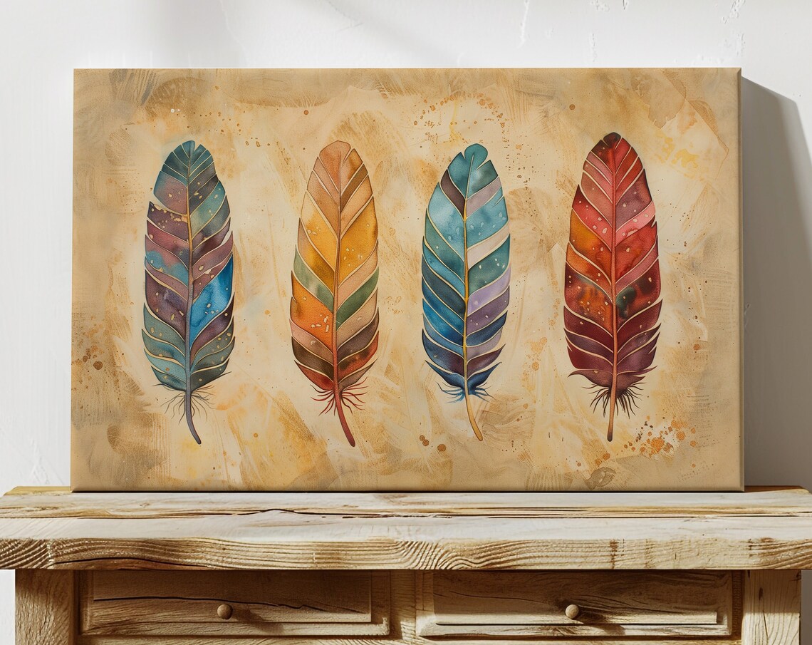 Four Watercolor Feathers In Teal Orange And Red Bohemian Style Wall Art