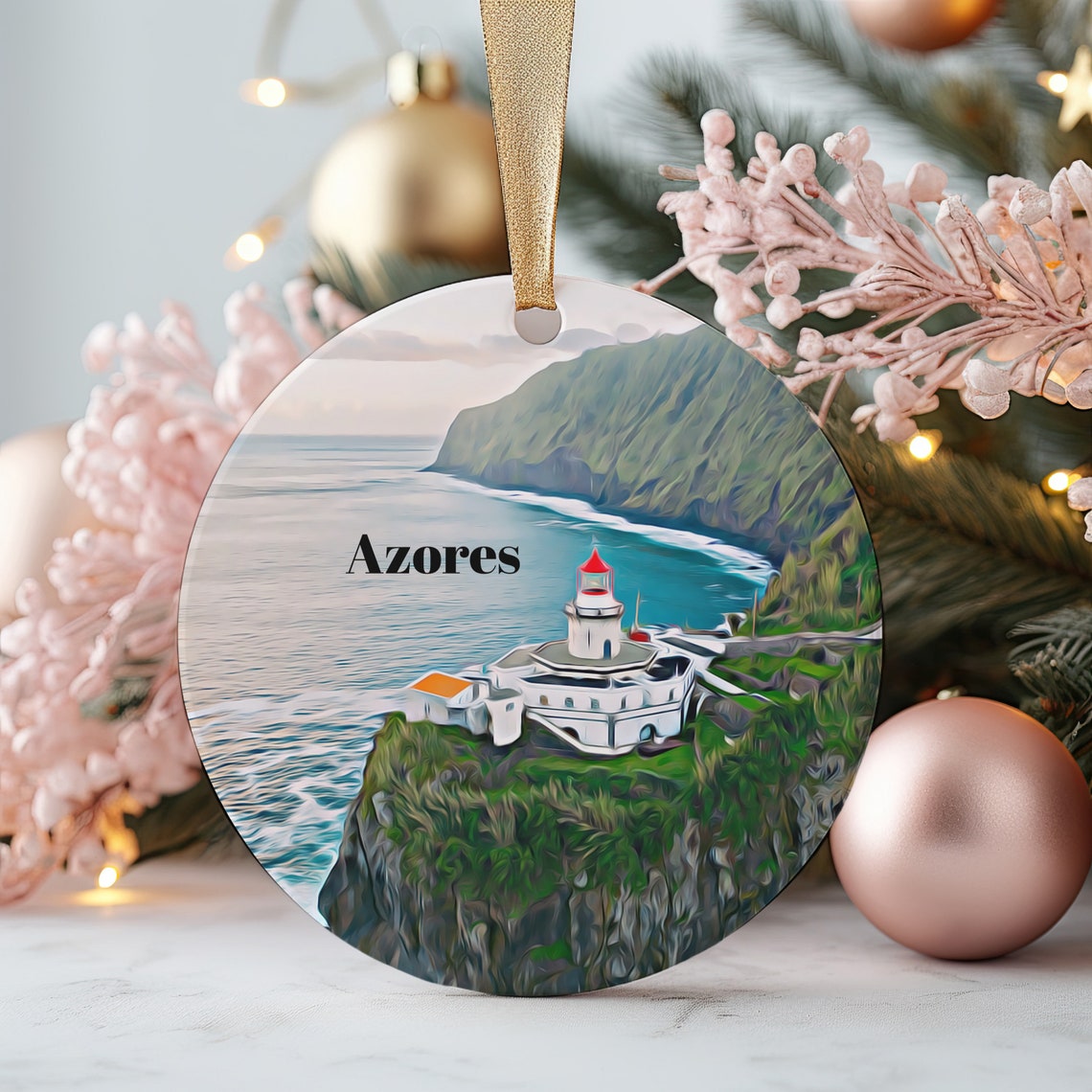 Azores Lighthouse Green Cliff Coast Ocean Round Ornament Poster