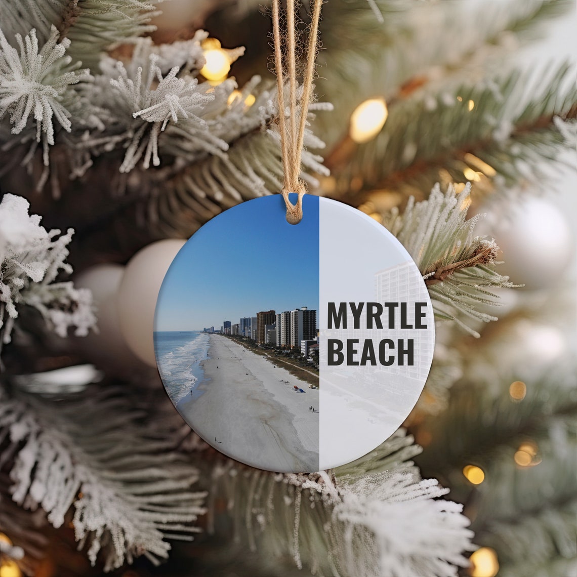 Myrtle Beach Oceanfront Skyline Round Christmas Ornament Print