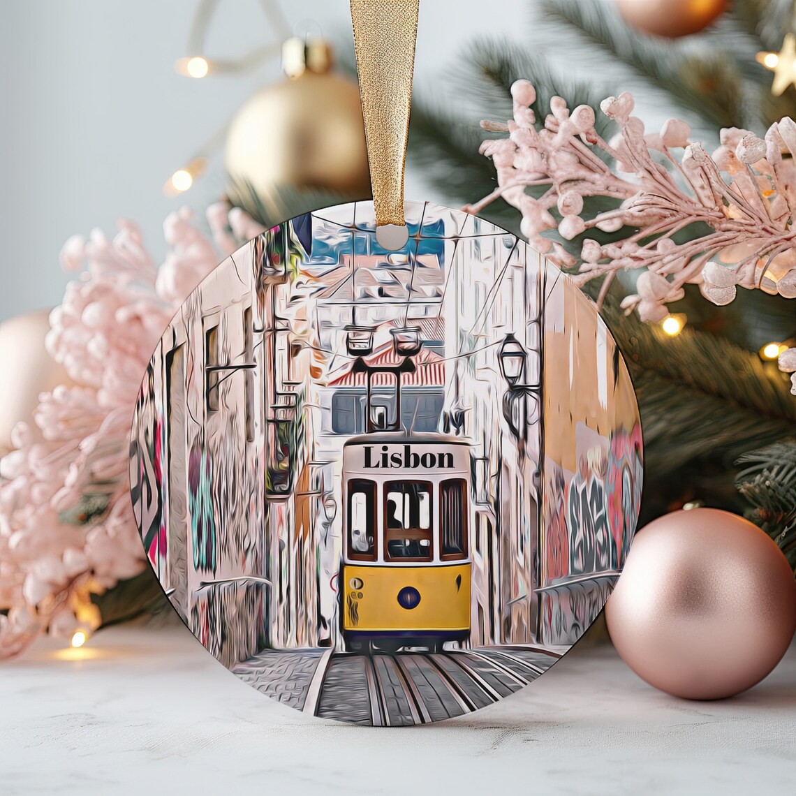 Lisbon Portugal Vintage Yellow Tram Street Holiday Ornament Print