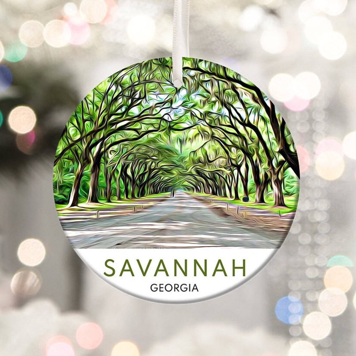 Savannah Georgia Oak Lined Avenue Spanish Moss Christmas Ornament Print