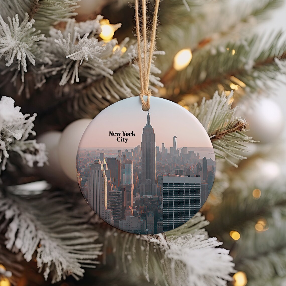 New York City Empire State Skyline Round Christmas Ornament Print