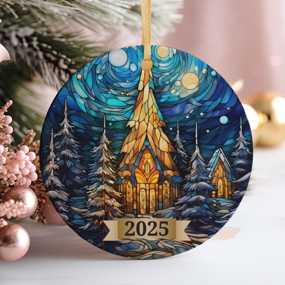 Stained Glass Chapel 2025 Christmas Ornament Snowy Night Forest Art Print