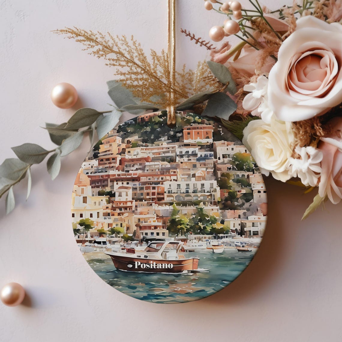 Positano Amalfi Coast Village Harbor Boats Christmas Ornament Poster