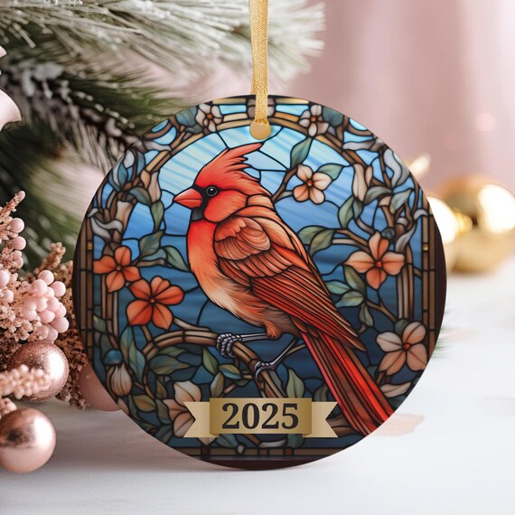 Stained Glass Red Cardinal 2025 Christmas Ornament Style Bird Holiday Art Poster