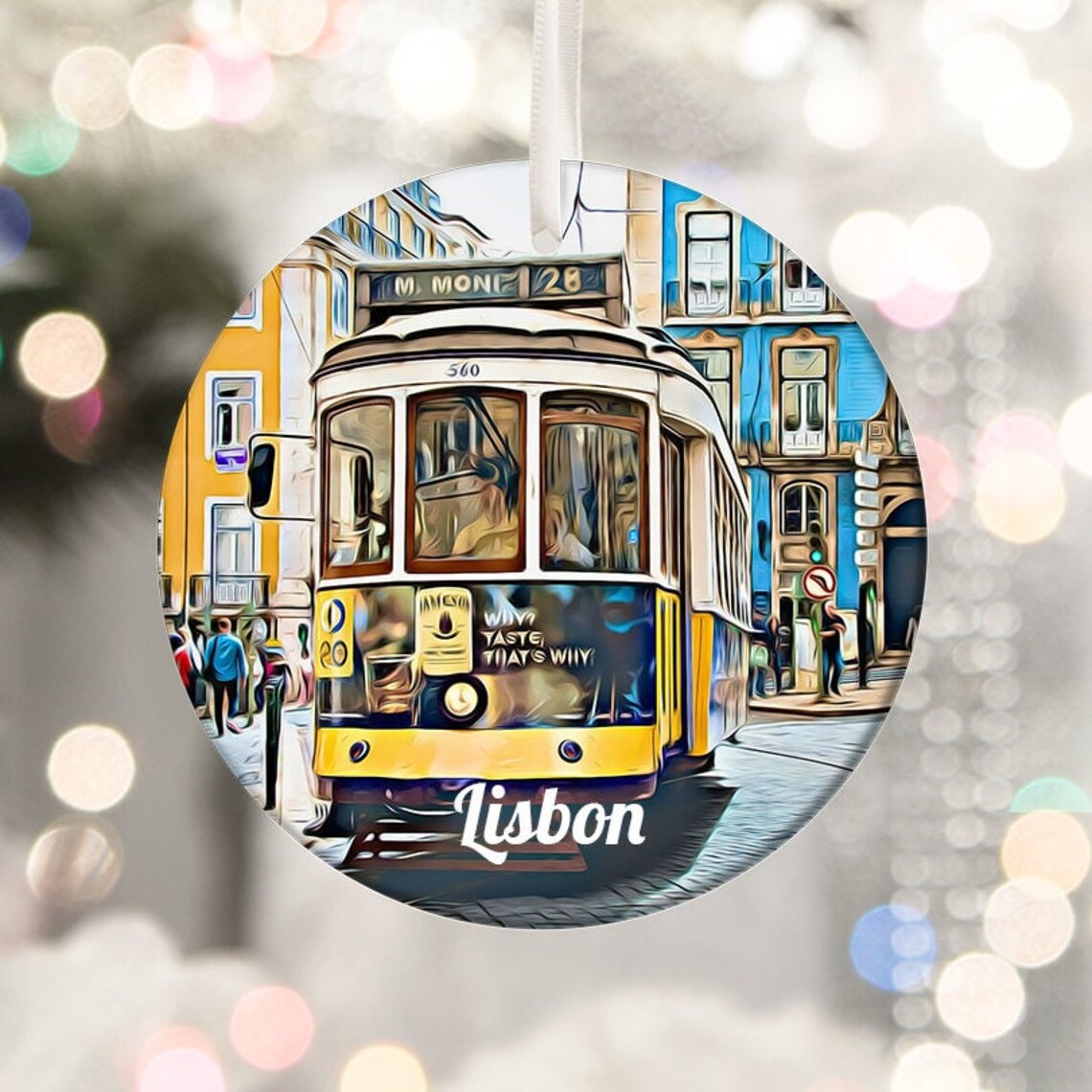 Lisbon Vintage Yellow Tram 28 Portugal Street Round Keepsake Print