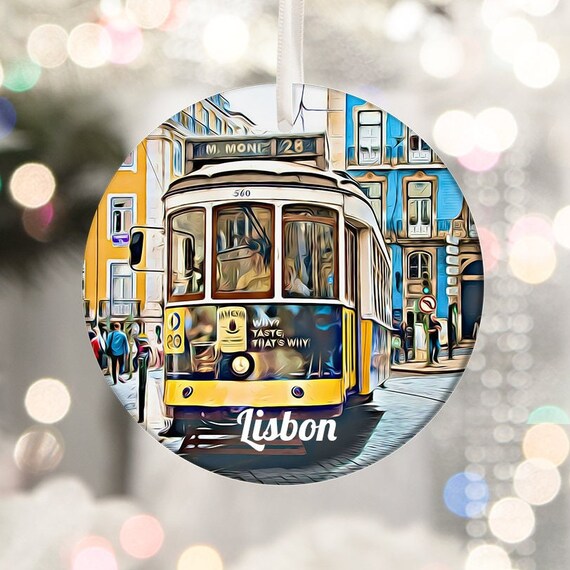 Lisbon Vintage Yellow Tram 28 Portugal Street Round Keepsake Print