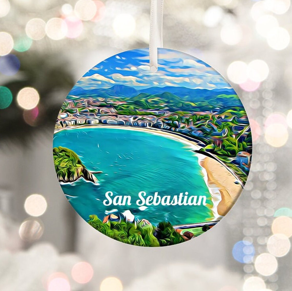 San Sebastian Spain La Concha Bay Round Christmas Ornament Print