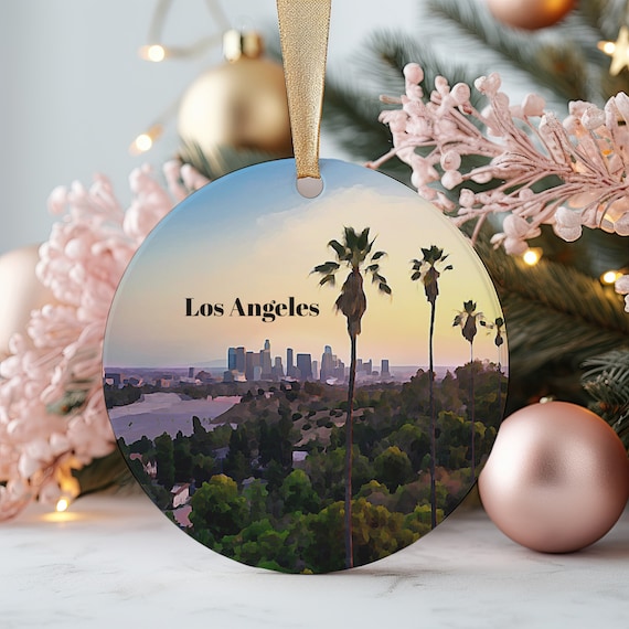 Los Angeles Sunset Skyline Palm Trees Christmas Ornament Poster