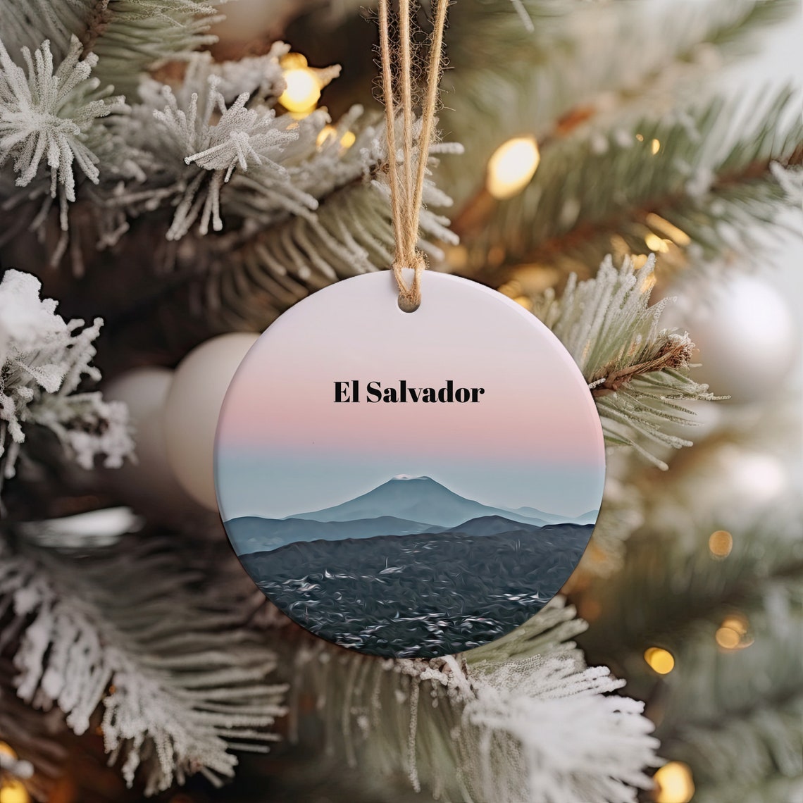 El Salvador Volcano Dusk Round Ceramic Christmas Ornament Print